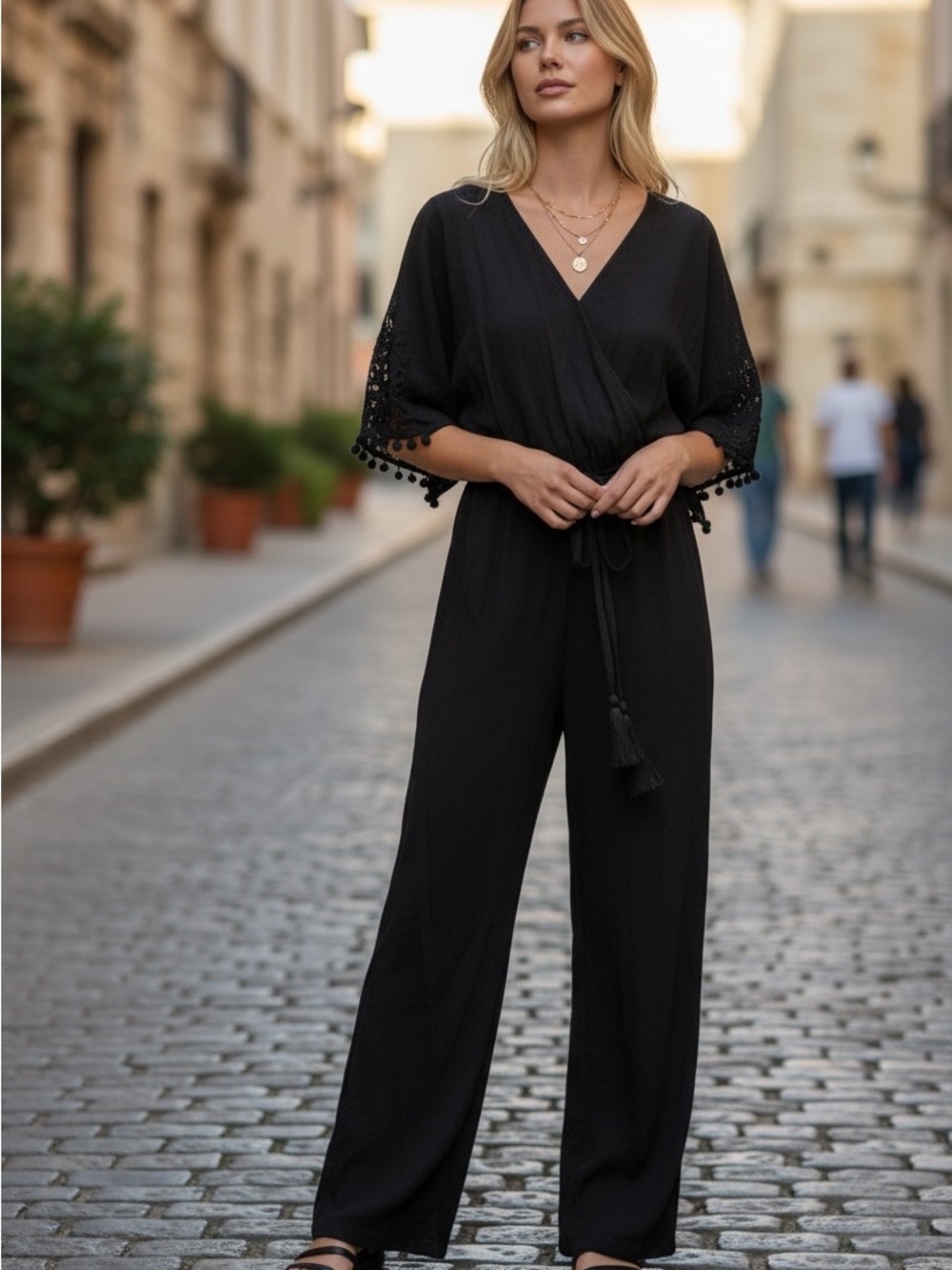 SOFT SURROUNDINGS Black V‑Neck Crochet Sleeve Jumpsuit, MEDIUM